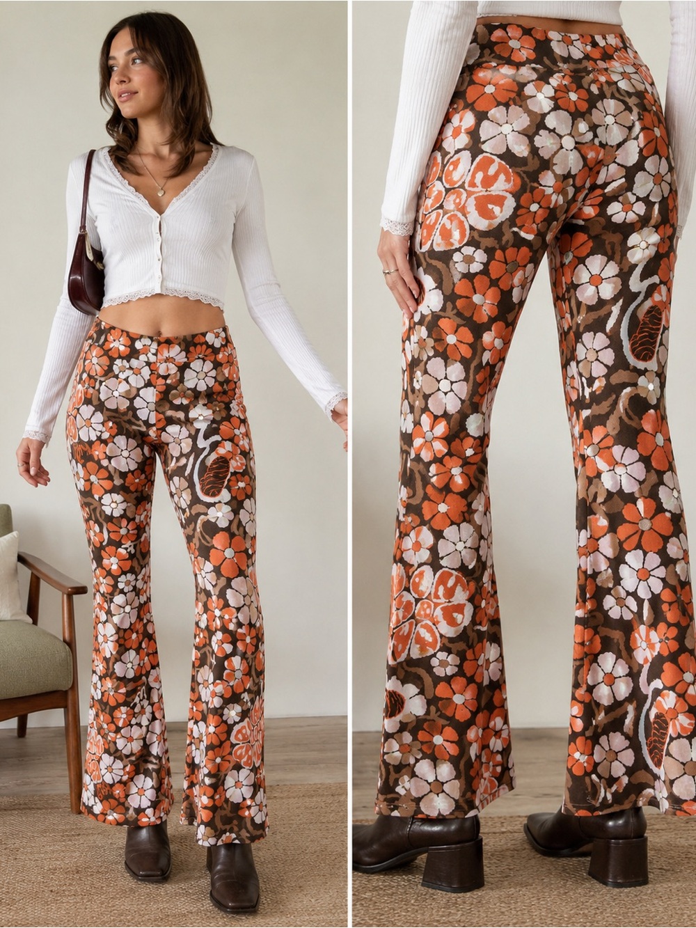 Damson Madder Floral Knit Flare Pants Retro 70s Brown Orange Size 10